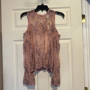 American Rag Pink Sheer Embroidered Cold Shoulder Floral Top Size Small